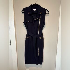 Calvin Klein Navy Sleeveless Zip-Front Belted Midi Dress
